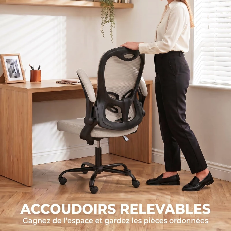 HOMCOM Chaise Bureau Ergonomique, Fauteuil de Bureau Maille, Accoudoirs Relevables, Hauteur Réglable, Fonction Bascule, Beige