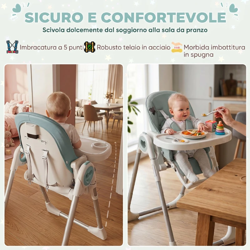 AIYAPLAY Seggiolone Pappa Pieghevole per Bambini 6-36 Mesi, Altezza Regolabile, Doppio Vassoio Lavabile e Ruote, Verde
