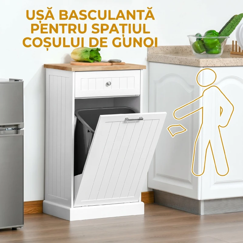 HOMCOM Bufet de Bucătărie, Dulap cu Suport pentru Coș de Gunoi 38L, Sertar, Alb