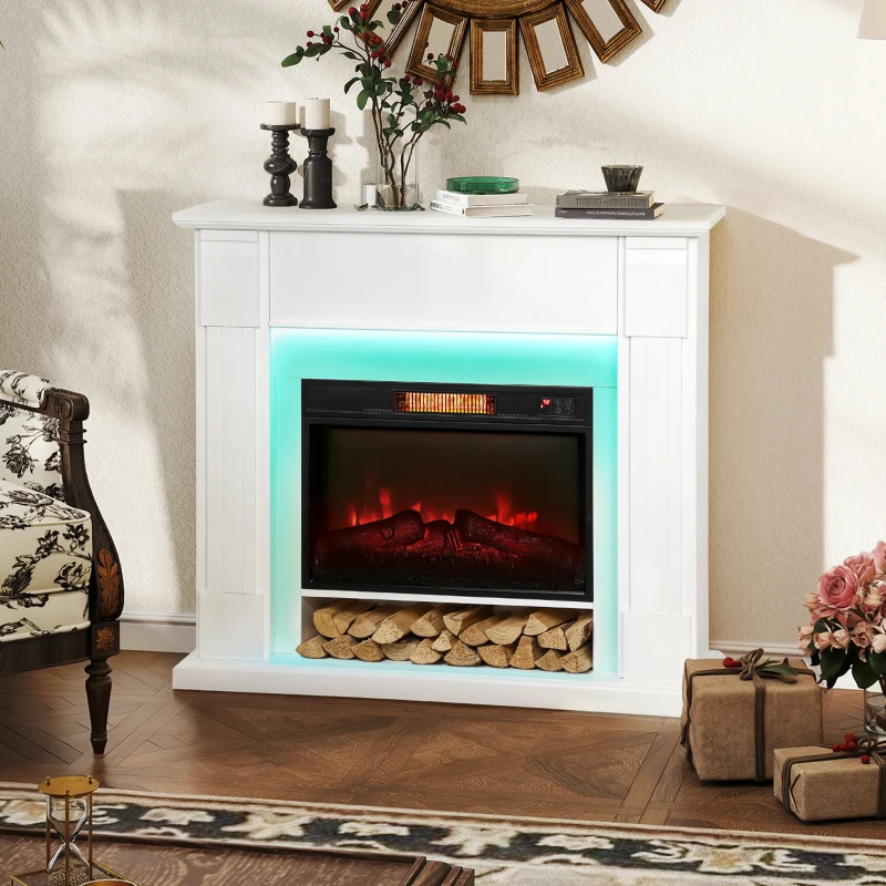 HOMCOM Lareira Elétrica com Efeito de Chama 3D e Tira de Luz LED RGB 1800W Temporizador  para 30 m² 105x27x97 cm Branca