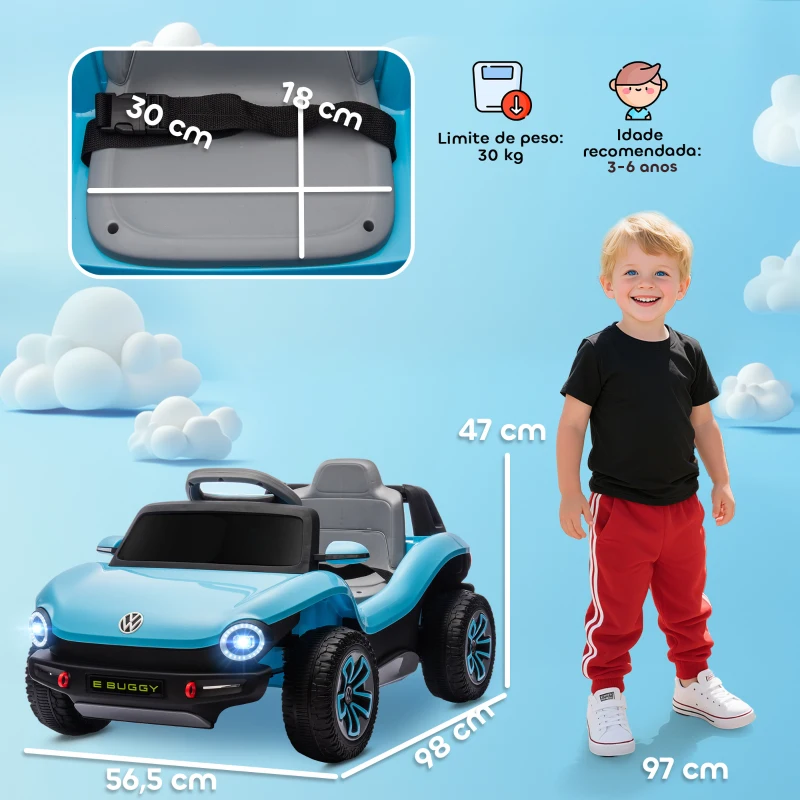 AIYAPLAY Carro Elétrico para Crianças Volkswagen E-Buggy Bateria 12V com Controlo Remoto 2,4 G Faróis LED Música USB 98x56,5x47 cm Azul