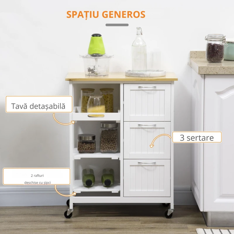 HOMCOM Carucior de bucatarie cu 3 sertare, 2 rafturi deschise si tava detasabila, din MDF si lemn de pin, 67x37x84cm, culoare lemn si alb