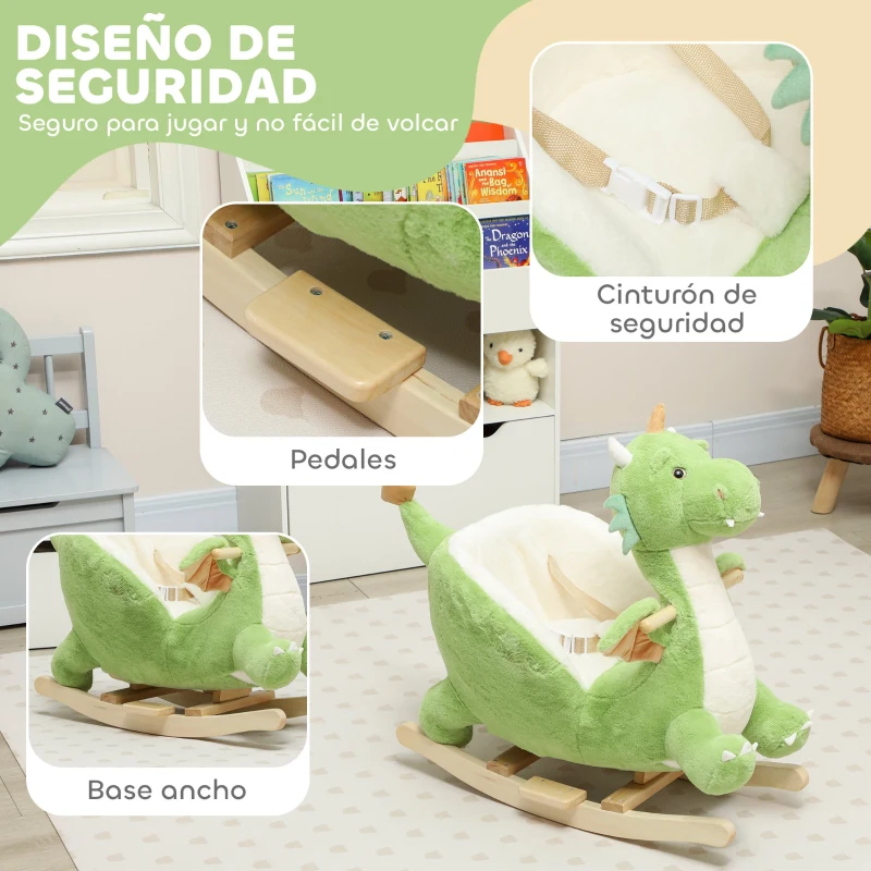 AIYAPLAY Caballito Balancín para Bebés de Peluche con Base de Madera con Sonido de Dragón para Niños 18-36 Meses Verde