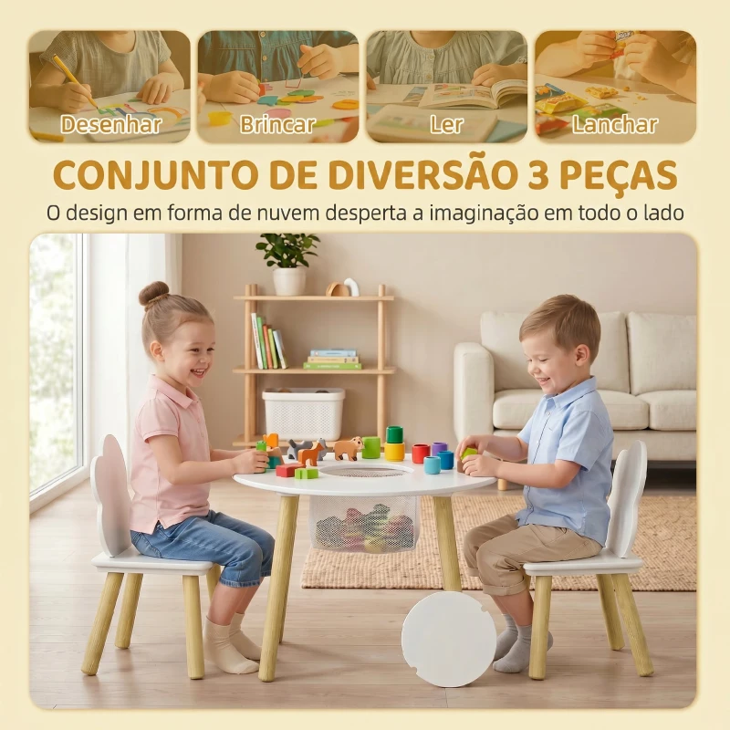 AIYAPLAY Mesa Infantil com 2 Cadeiras e Saco de Rede Tema Nuvem para Crianças dos 3 aos 6 Anos Creche Sala de Aula Branco