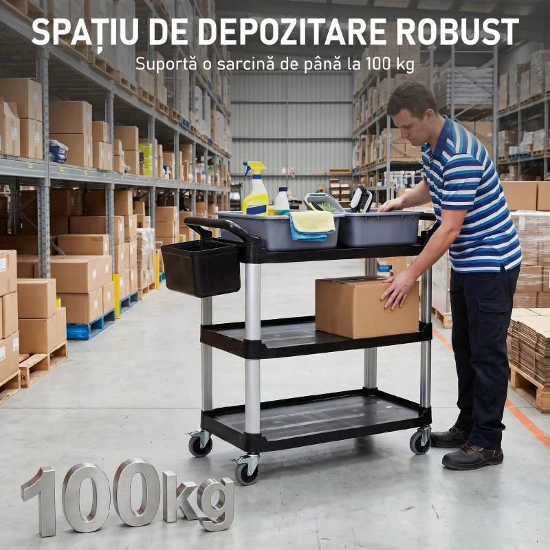 HOMCOM Carucior Profesional pentru Curățenie cu 3 Rafturi, 2 Recipiente Detașabile, Găleată Laterală și 4 Roți, Negru