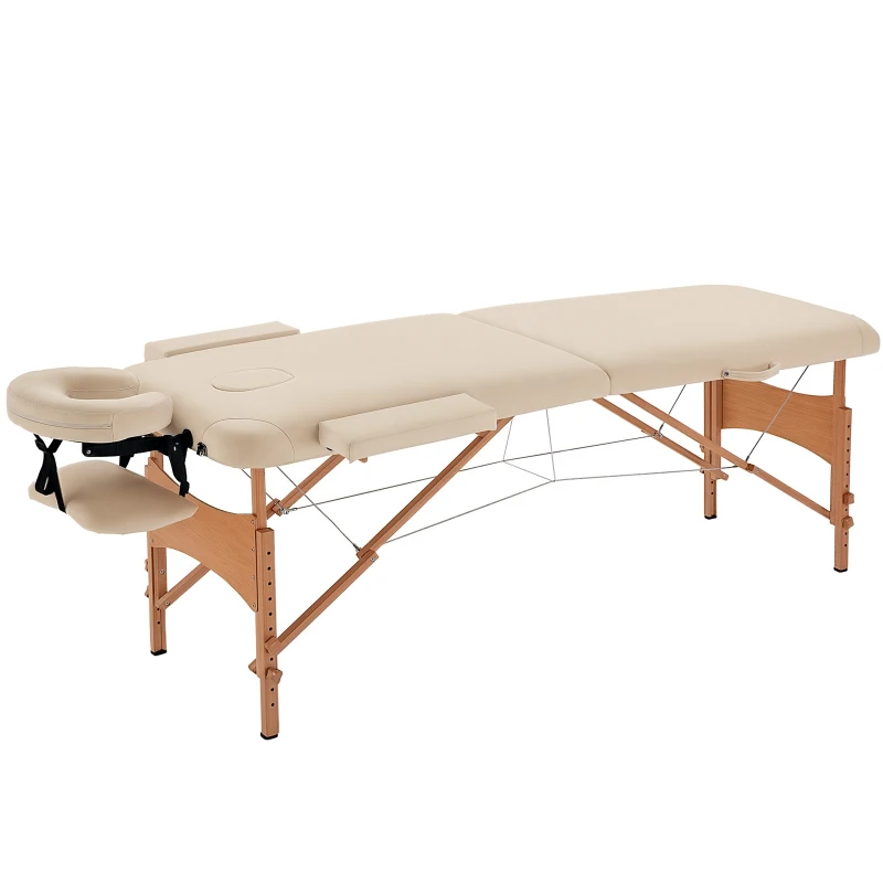 HOMCOM Massagetisch, klappbare Massageliege, höhenverstellbare Massagebank für Spa, Salon, Kunstleder, Holz, Cremeweiß(m-12)