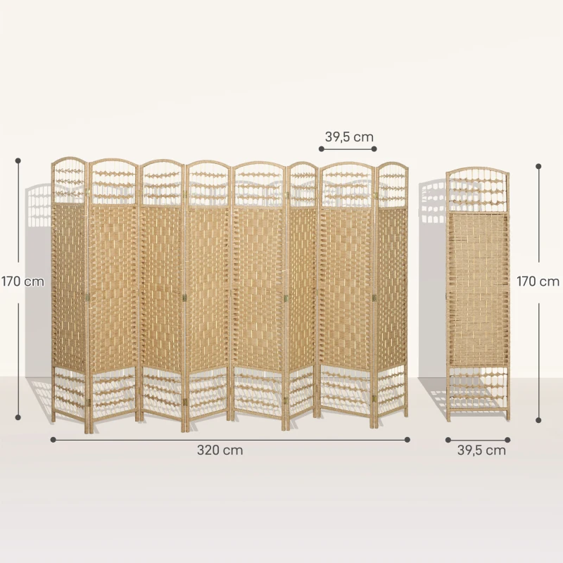 HOMCOM Paravent intérieur en bois séparateur de pièce cloison pliable 8 panneaux 320 x 170 cm bois naturel