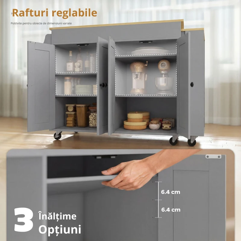 HOMCOM Insulă de Bucătărie pe Roți Blat Extensibil 4 Uși Rafturi Reglabile Suport pentru Condimente și Prosoape Gri