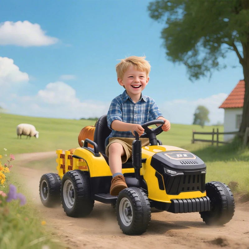 AIYAPLAY 12V Ride on Tractor and Trailer with Remote Control, Music, Shifter, Start-Up Sound, for Kids Ages 3-8 Years, Yellow