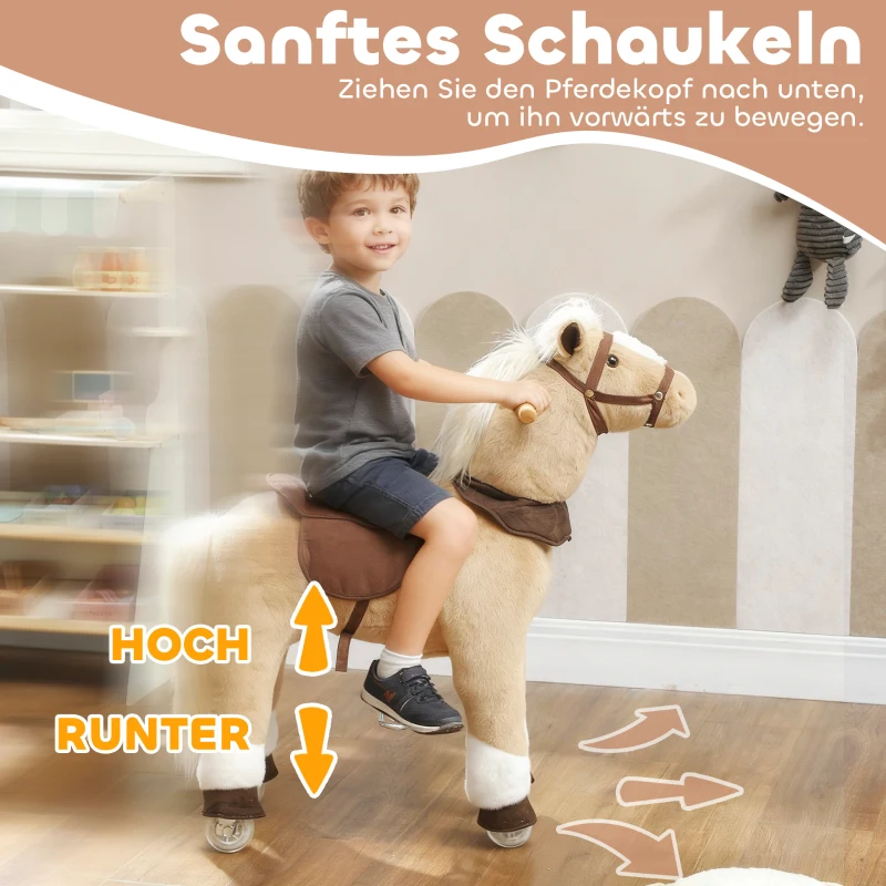 AIYAPLAY Reitpferd für Kinder, Stoffbezug, stabiler Rahmen, sanfte Räder, Schaukelpferd, 3-5 Jahre, Braun