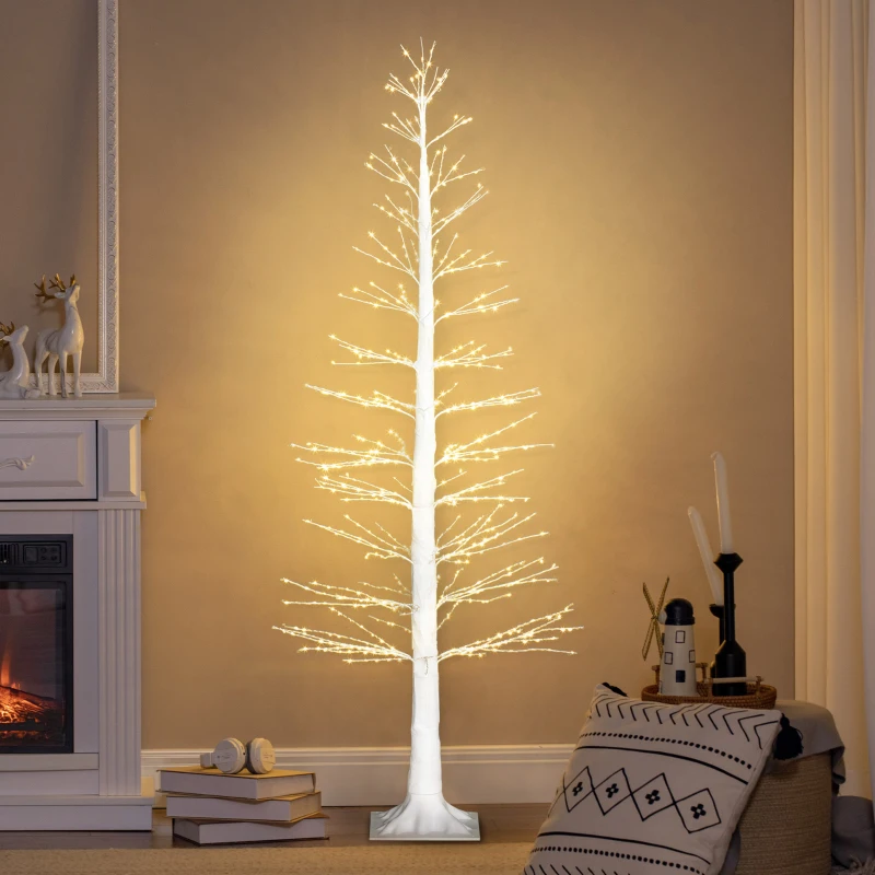 HOMCOM Kunsttanne mit LED-Beleuchtung, 180 cm hoher Weihnachtsbaum, realistische Rinde, Weiß