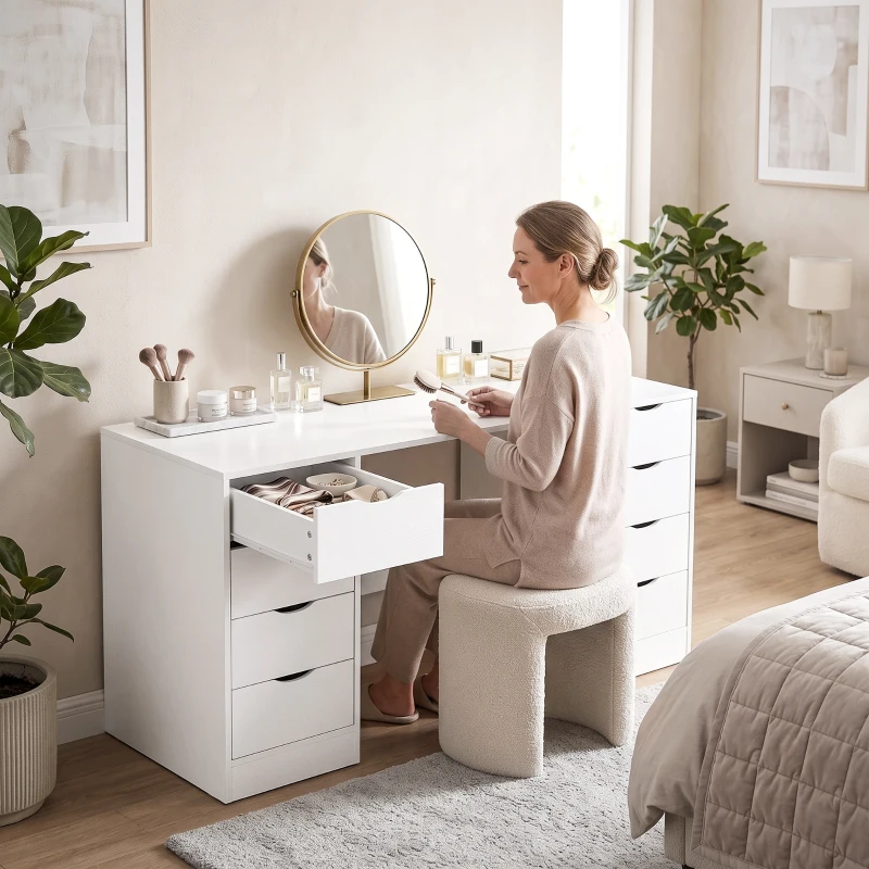 HOMCOM Birou 140 cm cu 8 sertare, masă de birou modernă cu spațiu de depozitare, aspect lemn alb