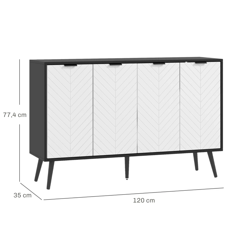 HOMCOM Aparador de 4 Puertas Aparador de Salón Estantes Ajustables Patas de Madera para Cocina Blanco y Negro 120x35x77,4 cm