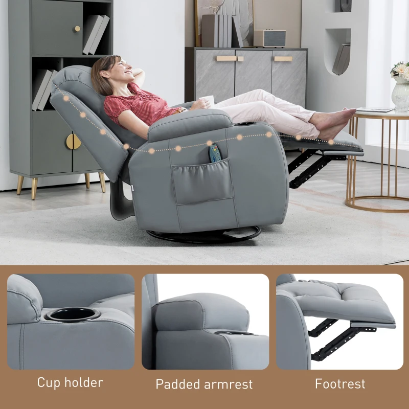 HOMCOM Massage Recliner Armchair, PU Leather Recliner Chair, Light Grey