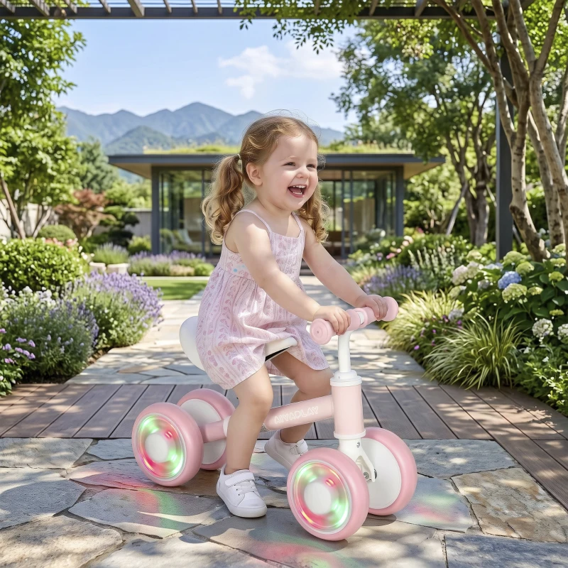 AIYAPLAY Bicicleta sem Pedais para Bebé 1-2 Anos, 4 Rodas Luminosas, Assento Regulável, Direção Limitada, Pneus EVA Silenciosos, 52x22x37cm, Rosa