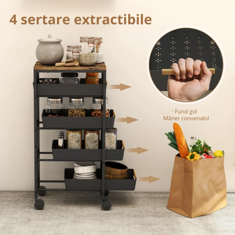 HOMCOM Carucior de Bucătărie de 5 Nivele Carucior Auxiliar cu Roți Tablou Efect Lemn Sertare Extrase 39,5x24x82 cm Negru