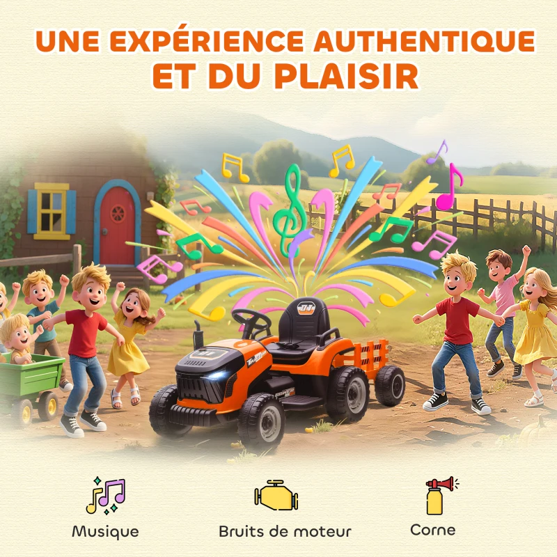 AIYAPLAY Tracteur électrique enfants avec remorque amovible, voiture électrique enfants, télécommande 2,4G, 139x58x55cm, orange