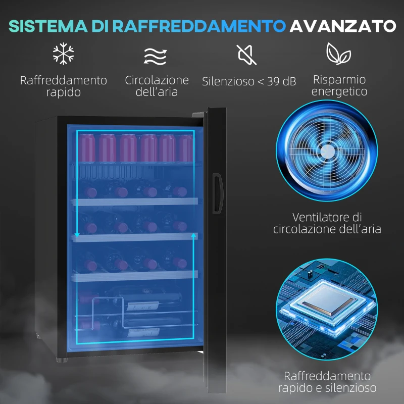 HOMCOM Cantinetta Frigo per Vino da 53L con Ripiani Regolabili per 12 Bottiglie e 25 Lattine, 43x45x64 cm, Nero
