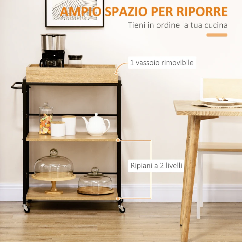 HOMCOM Carrello da Cucina a 3 Ripiani con Vassoio Rimovibile e Ruote Girevoli, 72x40x94cm, Legno e Nero