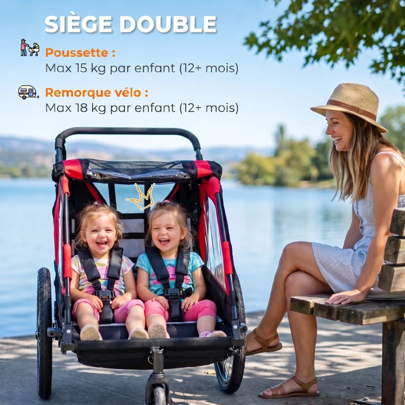 AIYAPLAY Remorque vélo enfant 2 en 1, poussette vélo bébé 2 places, guidon réglable, frein à main, ceinture de sécurité, rouge
