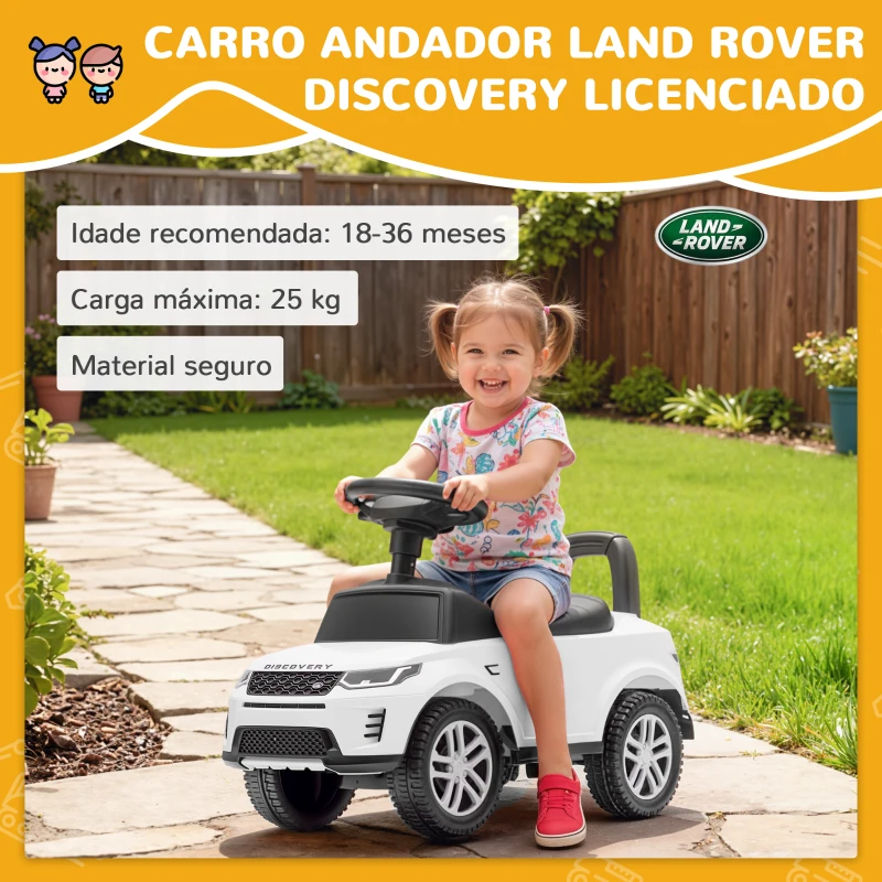 AIYAPLAY Carro Andador para Crianças  com Licença de Land Rover com Armazenamento Buzina Sons de Motor 65,5x28x42 cm Branco