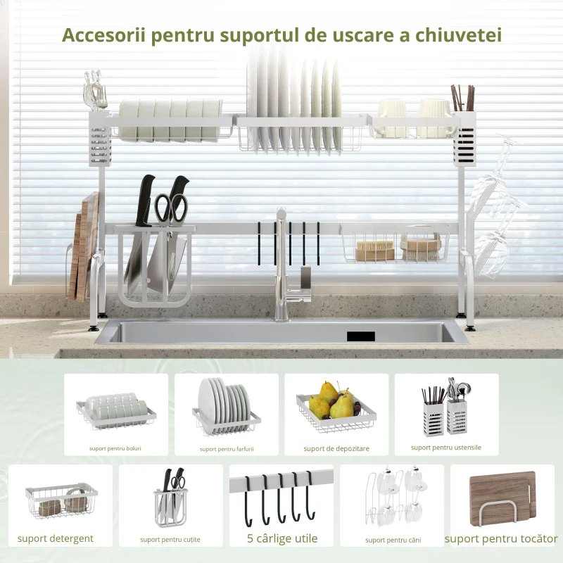 HOMCOM Scurgător din oțel cu 2 niveluri pentru chiuvetă, cu suport pentru tocător și tacâmuri, 100x30x54,5cm, alb