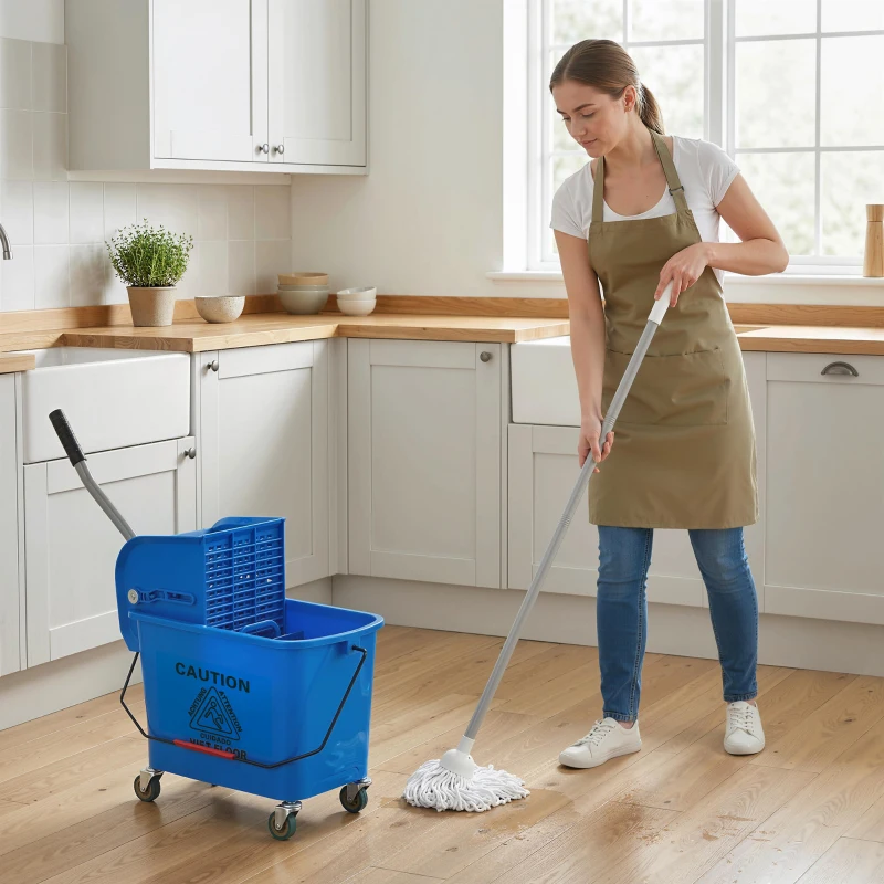 HOMCOM Balde de Limpeza com Escorredor, Painel Separador e Rodas Capacidade de 20L para Limpeza Doméstica 45x26,5x70 cm Azul