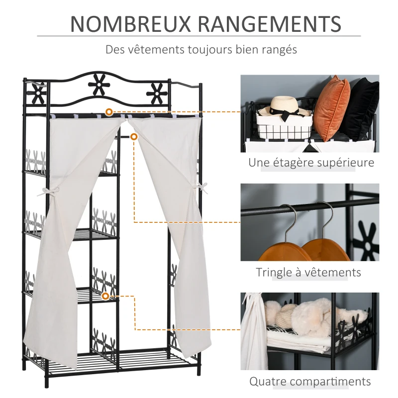 HOMCOM Armoire Chambre adulte Penderie Vêtement Dressing Multi Rangements 5 étagères 84L x 42l x 159H cm métal Noir 2 Rideaux Blanc