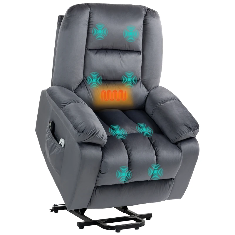 HOMCOM Massagestoel met opsta-hulp seniorenfauteuil relaxfauteuil, 8 massagepunten, 2 zijzakken, 85 cm x 94 cm x 107 cm, Grijs(m-11)