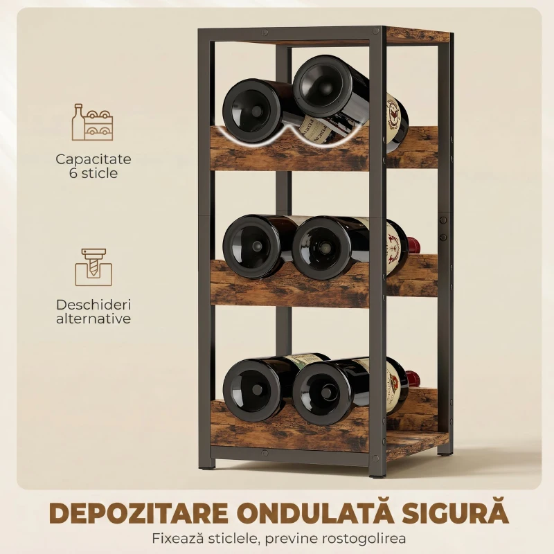 HOMCOM Suport pentru Sticle, Rafturi Ondulate, Picioare Reglabile, Maro Rustic, Negru