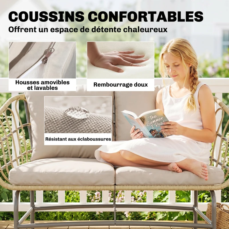 Outsunny Canapé de Jardin 2 Places en Résine Tressée Coussins Épais Anti-glisse 120 x 67 x 79 cm Marron