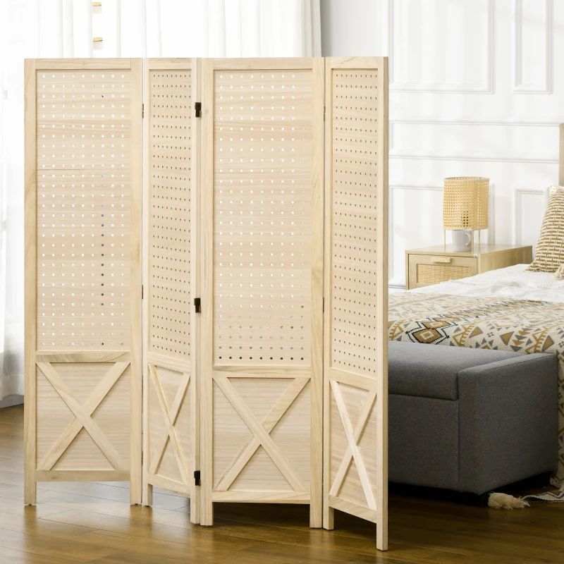 HOMCOM Biombo de 4 Painéis Separador de Ambientes Dobrável 152x1,7x144,5 cm Painéis com Orifícios para Pendurar Madeira