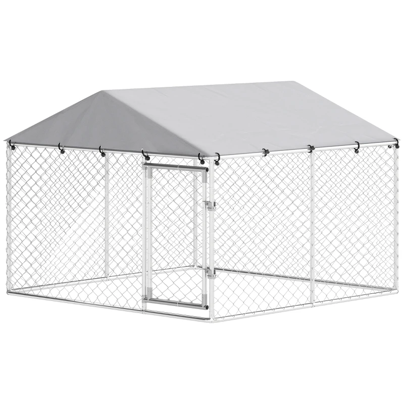 PawHut Recinto per Cani da Esterno in Acciaio Zincata con Tetto in PE, Anti-UV, Impermeabile, Doppia Chiusura, Argento