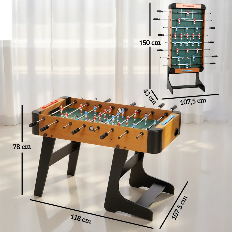 SPORTNOW Baby-foot pliable en bois table de babyfoot pliable sur pied avec 2 balles 22 joueurs, 118 x 107,5 x 78 cm, marron