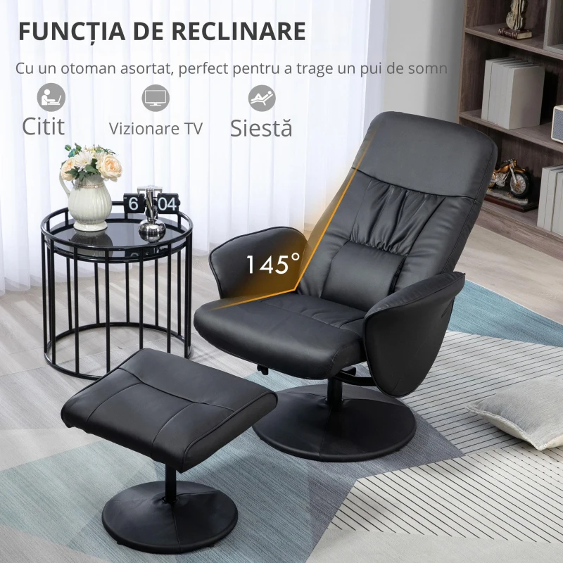 HOMCOM Set de 2 piese Fotoliu cu Taburet Fotoliu de relaxare cu Taburet, reglabil în înălțime, spătar înclinabil, Negru