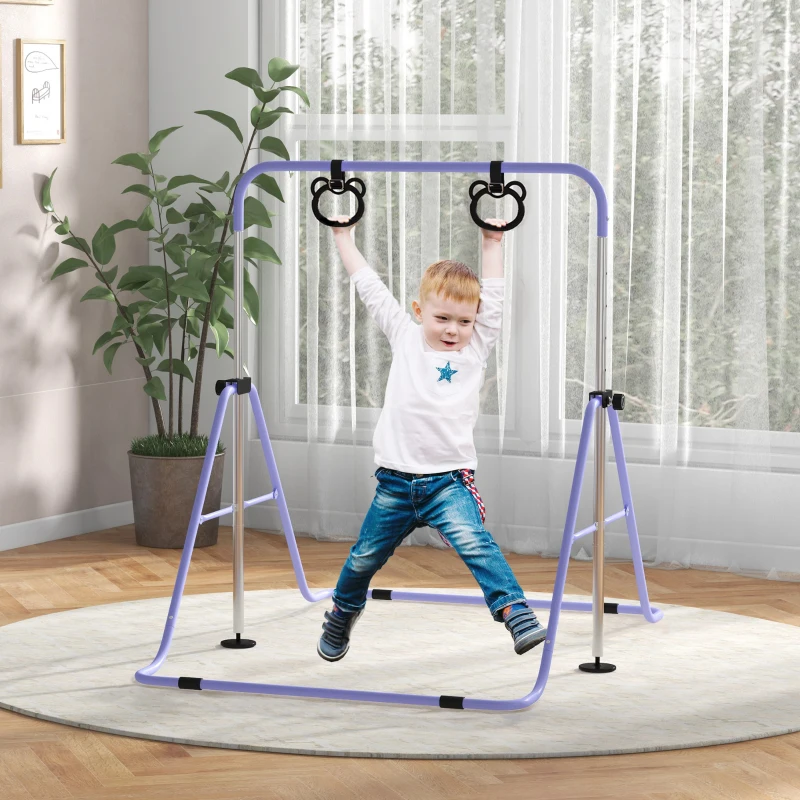 HOMCOM Kinder-Turnbarren mit Ringen, höhenverstellbar, klappbar, rutschfest, Stahlrahmen, 148x105x88-128 cm, Pink