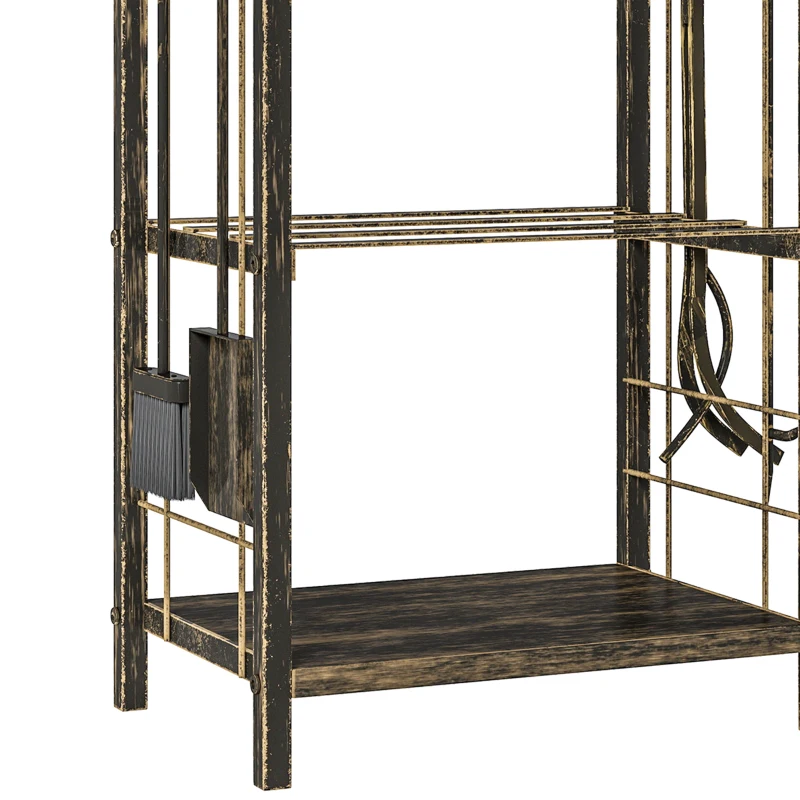 Outsunny Porta-Lenha Metálico de 2 Níveis com 4 Ferramentas para Lareira e Ganchos 43x30x74 cm Castanho Escuro