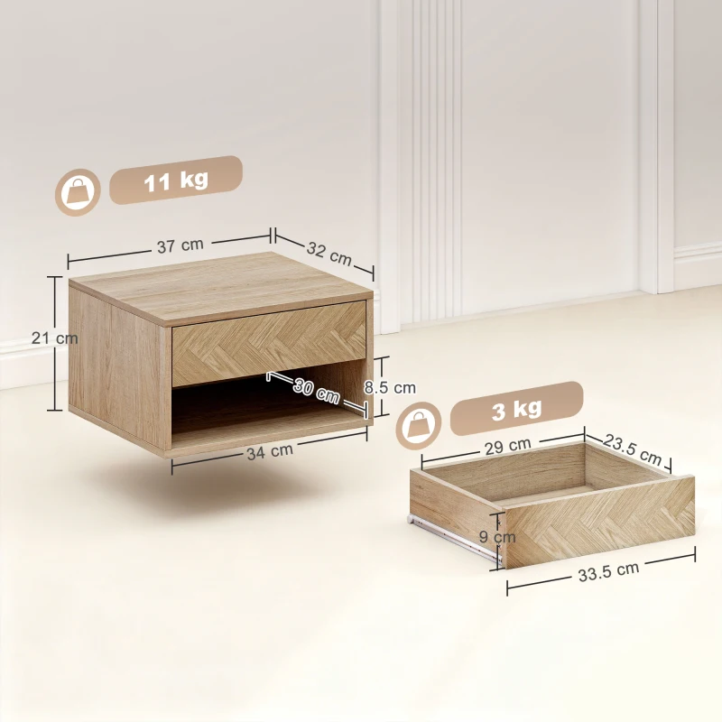 HOMCOM Set de 2 noptiere suspendate moderne cu sertar și spațiu deschis, 37x32x21 cm, lemn natural