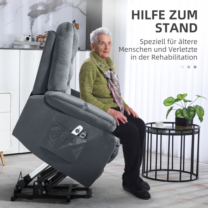 HOMCOM Massagestoel met opsta-hulp seniorenfauteuil relaxfauteuil, 8 massagepunten, 2 zijzakken, 85 cm x 94 cm x 107 cm, Grijs(m-4)
