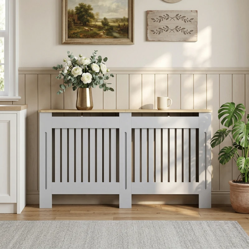 HOMCOM Slatted Radiator Cover, Painted Cabinet with Line Grill Design, 152L × 19W × 81H cm, Grey