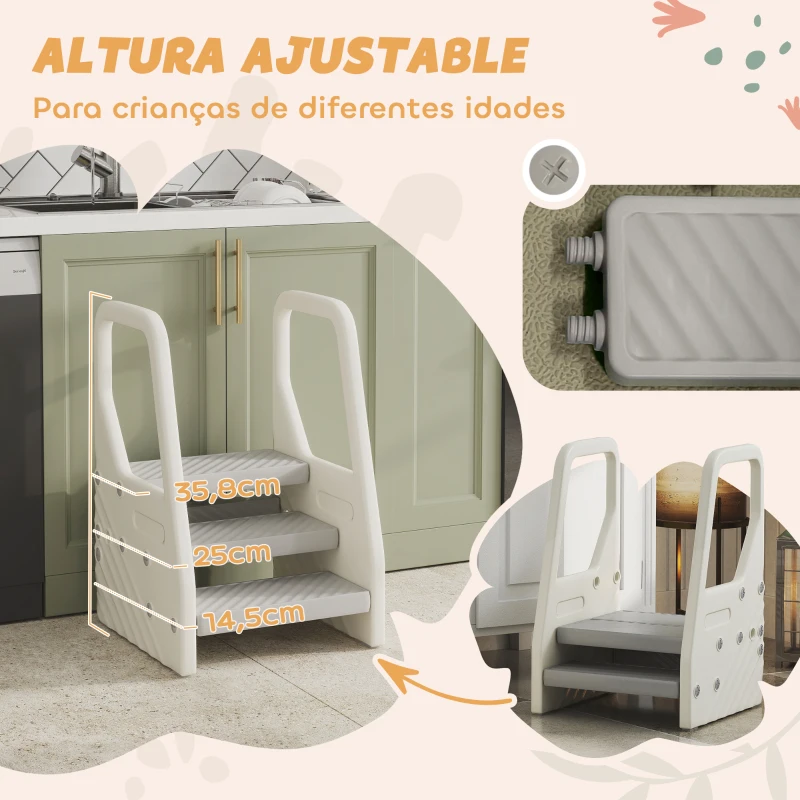 AIYAPLAY Banco Infantil Ajustável de 2 a 3 Degraus Torre de Aprendizagem Escada para Crianças de 2-5 Anos 43x42x65,5 cm Cinza