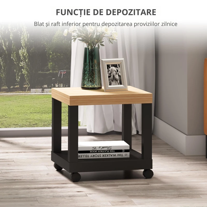 HOMCOM Masă auxiliară rulantă, masă de cafea modernă cu poliță deschisă, 40 x 40 x 40 cm, lemn natural & negru