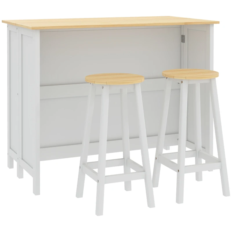 HOMCOM, Insulă de bucătărie cu 2 taburete, blat de lucru rabatabil, 2 dulapuri cu 4 uși, design modern, alb