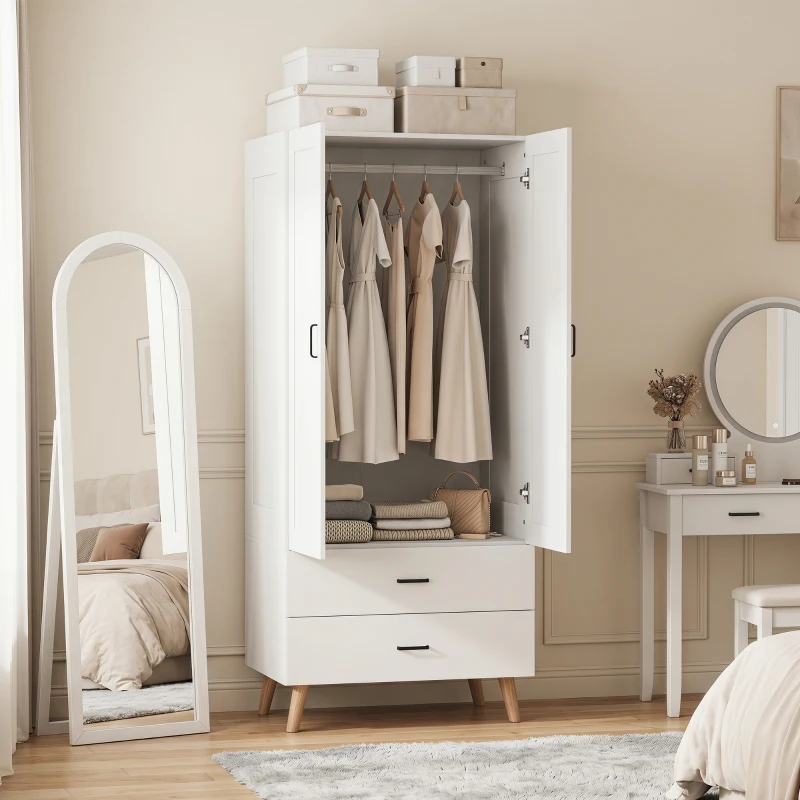 HOMCOM Armoire chambre penderie 2 portes à fermeture douce, 2 tiroirs et barre de suspension, 80x54x180cm, blanc