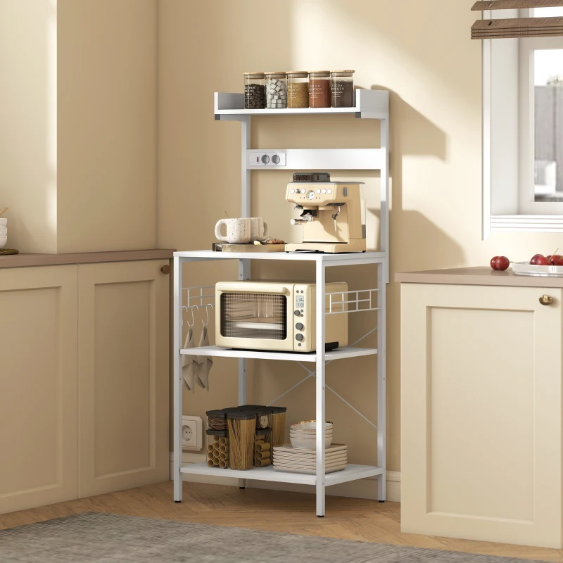 HOMCOM Estante de Cozinha com 2 Tomadas Prateleira para Micro-ondas Prateleira Ajustável Ganchos 60x42x137 cm Branco