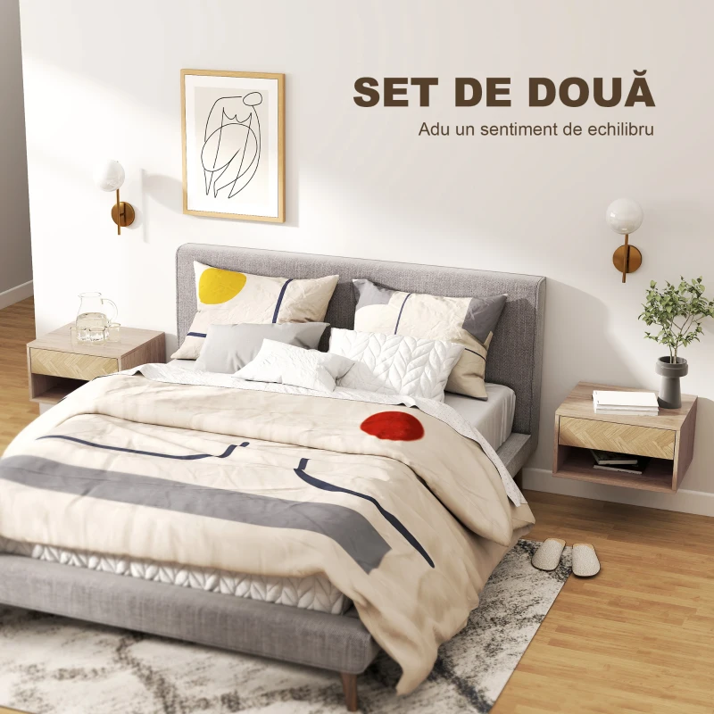 HOMCOM Set de 2 noptiere suspendate moderne cu sertar și spațiu deschis, 37x32x21 cm, lemn natural