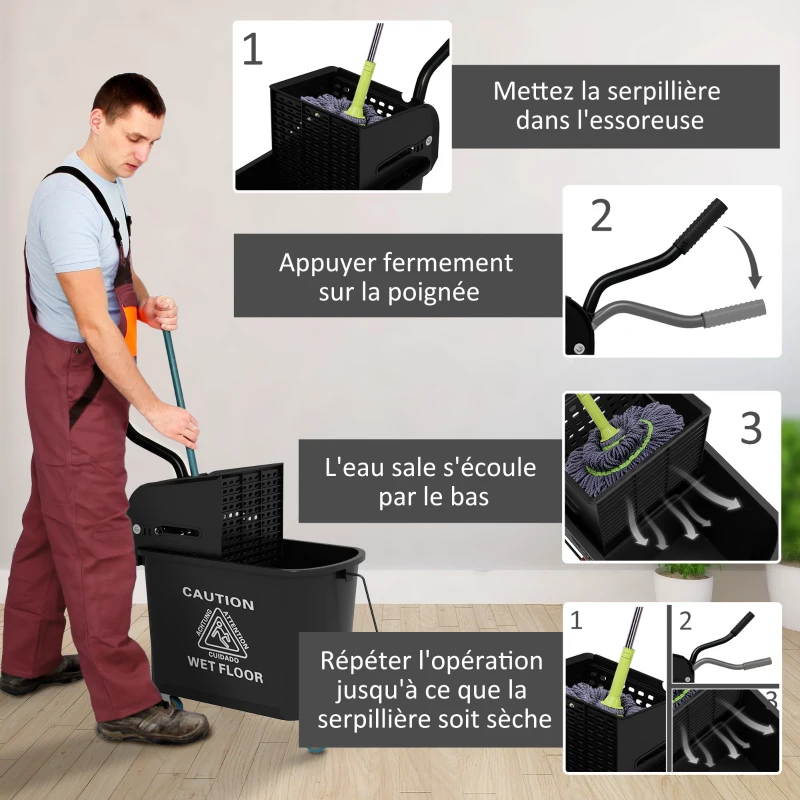 HOMCOM Chariot de nettoyage lavage seau de ménage 20 L avec essoreur et séparateur eau sale propre noir 60L x 27l x 70,5H cm
