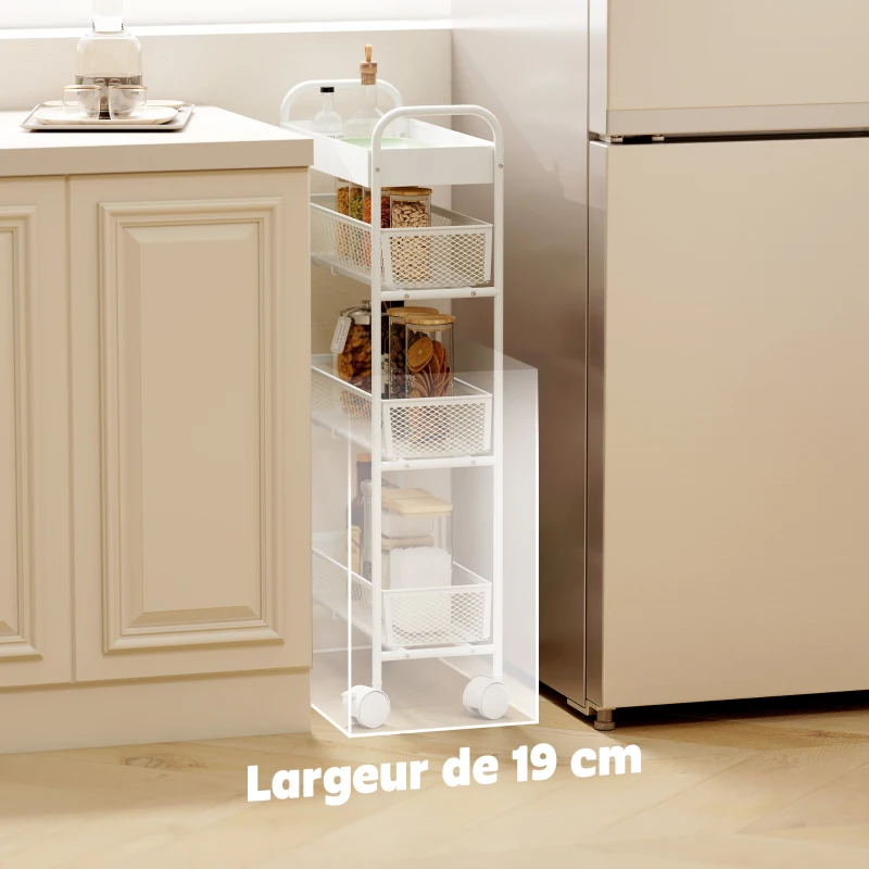 HOMCOM Chariot de rangement à 4 niveaux, desserte à roulettes, 3 paniers coulissants, panier supérieur 19 x 43,2 x 80 cm blanc