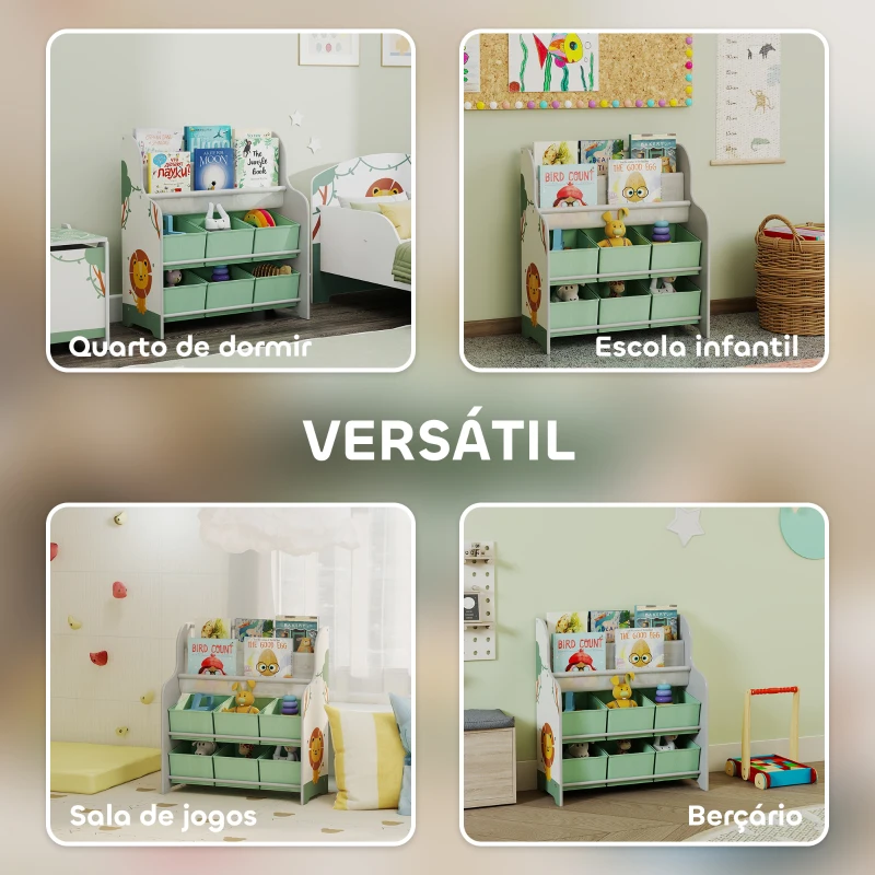 AIYAPLAY Estante Infantil para Brinquedos com 6 Caixas de Tecido Não Tecido Organizador de Brinquedos com 2 Prateleiras 63x30x71 cm Verde