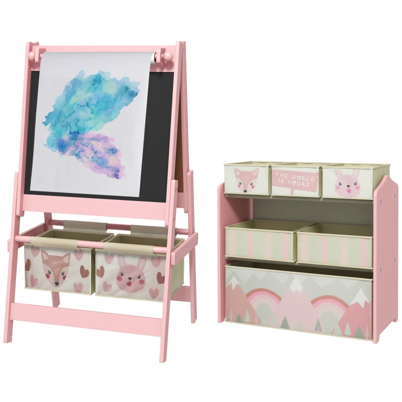 Tableau chevalet double-face rouleau papier 2 paniers + meuble à jouets de rangement à 6 boîtes, 63 x 30 x 66 cm, rose
